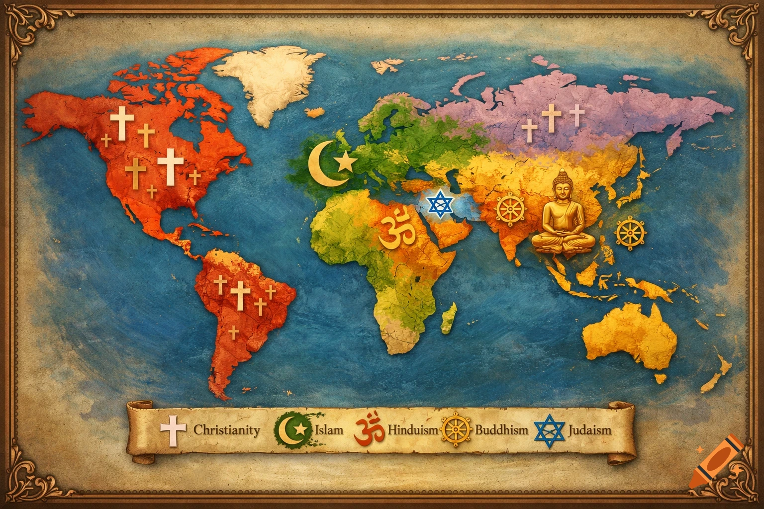Vintage world map depicting major religions with their symbols across different continents.