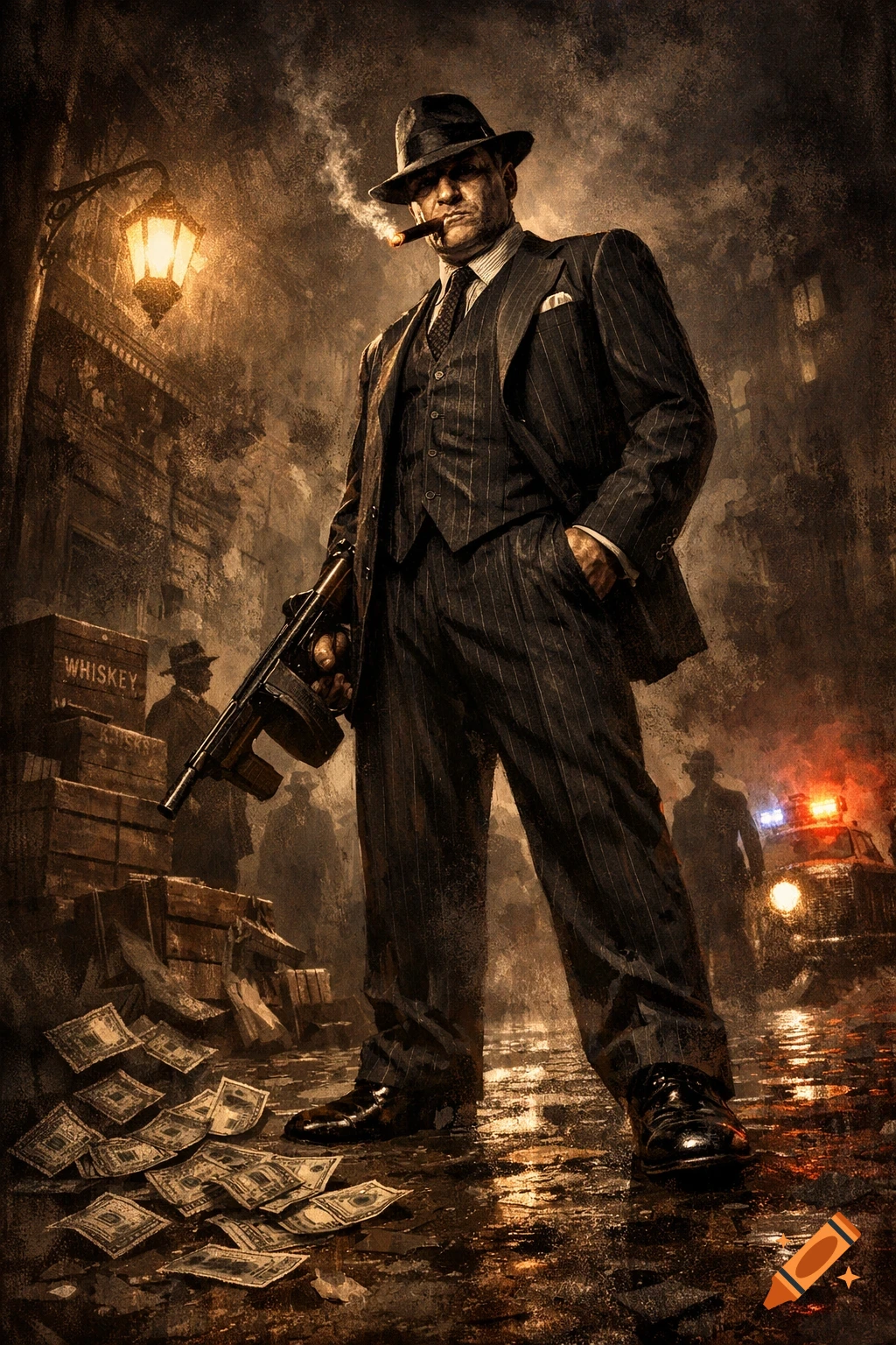 A menacing gangster in a pinstripe suit, fedora, and cigar stands on a wet street, holding a submachine gun, with scattered money and a police car in the background, in a gritty, illustrative style.