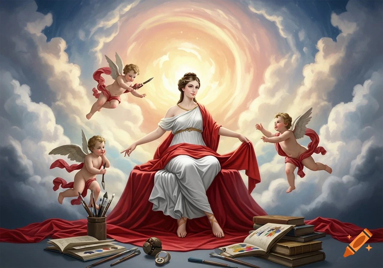 A woman in classical robes sits on a red cloth among clouds, surrounded by flying cherubs, with art supplies in the foreground, in a classical painting style.