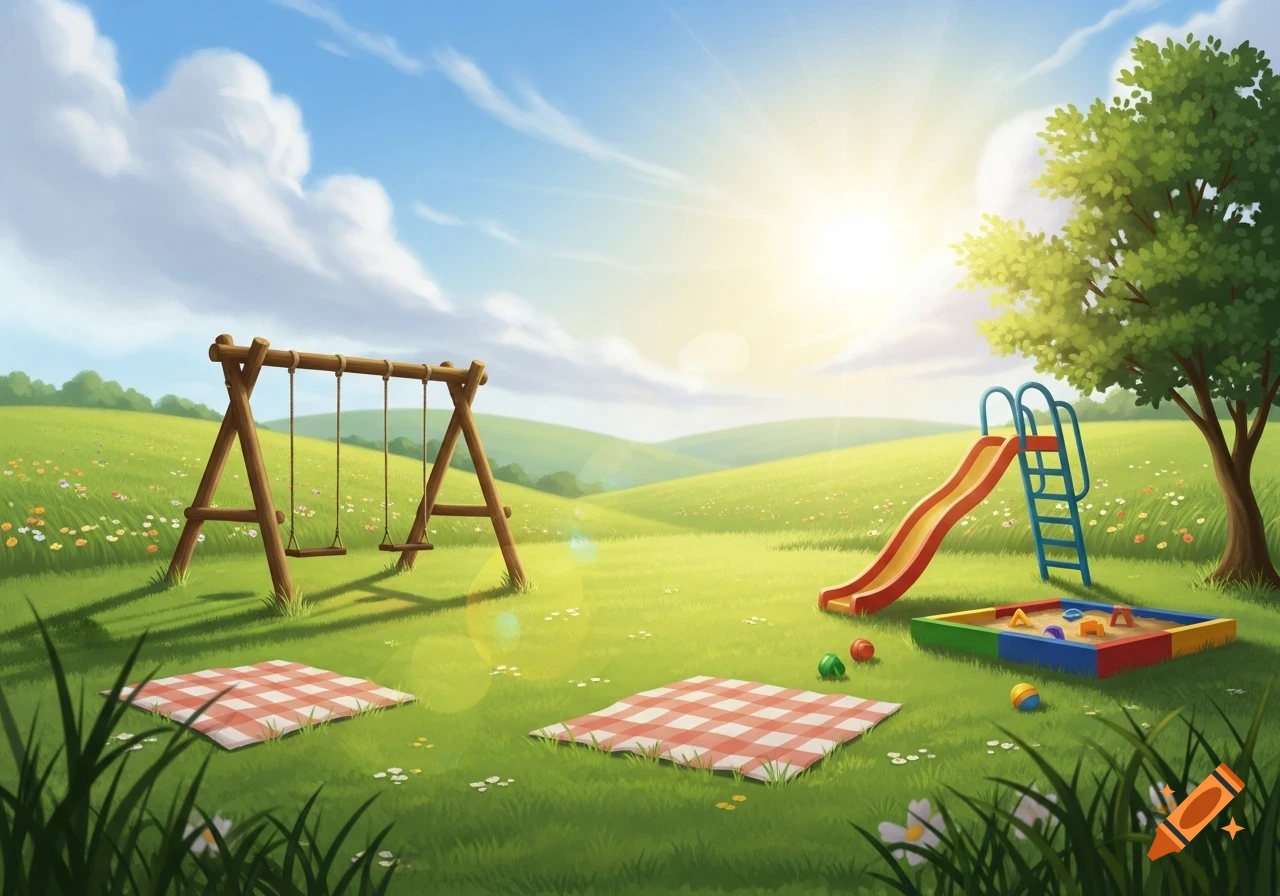 A sunny, soft airbrushed illustration of a playground with swings, a slide, sandbox, and picnic blankets on green rolling hills.