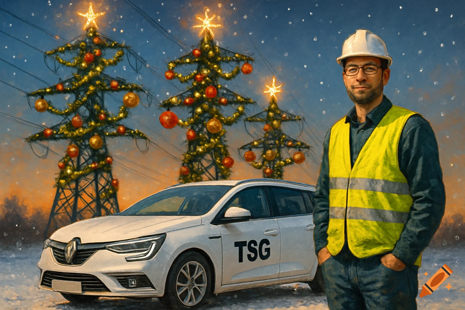 A man in a hard hat and safety vest stands by a white 'TSG' car in a snowy scene with Christmas-decorated power towers.