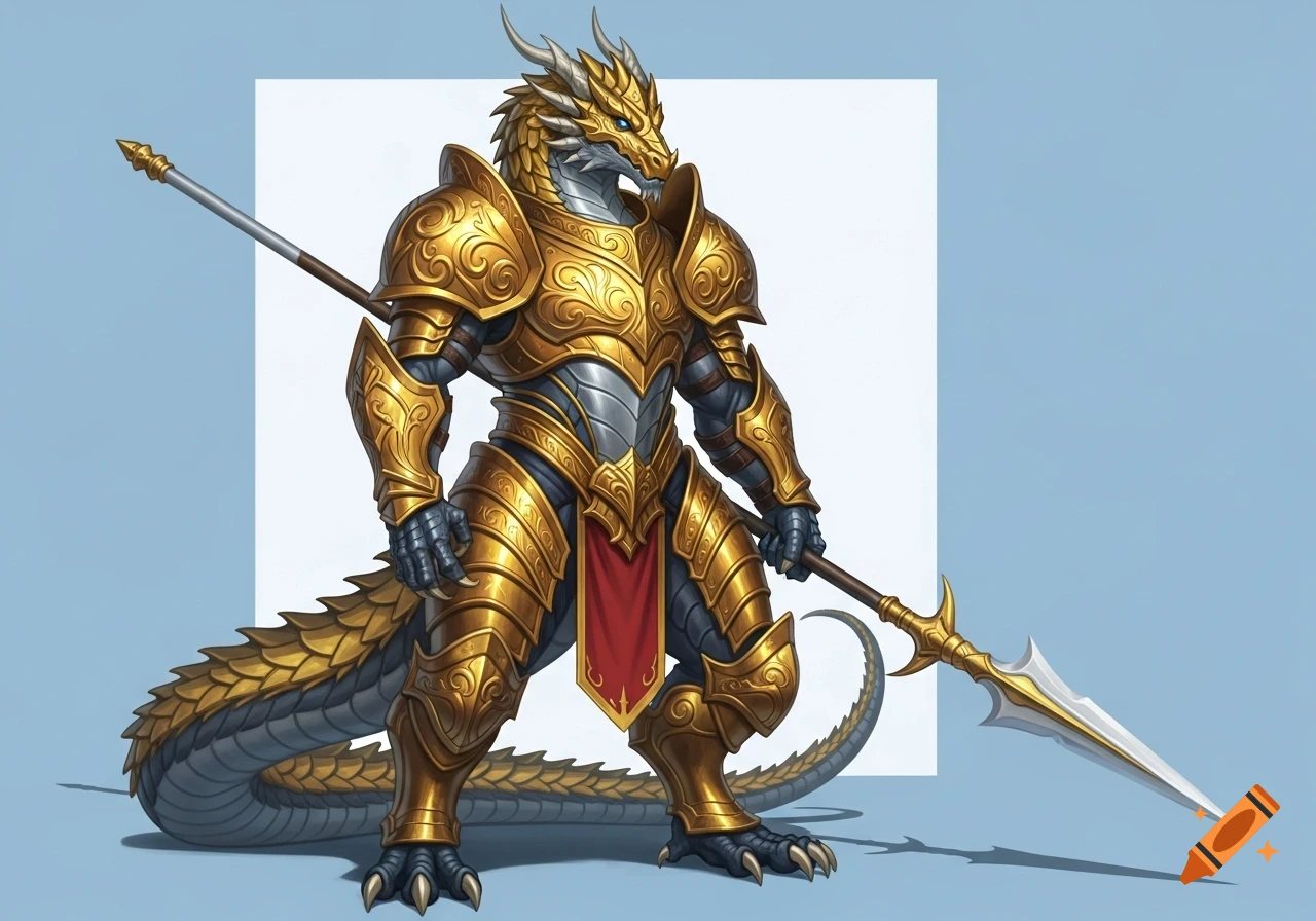 An anthropomorphic dragon in ornate golden armor, holding a spear, stands on a light blue background.