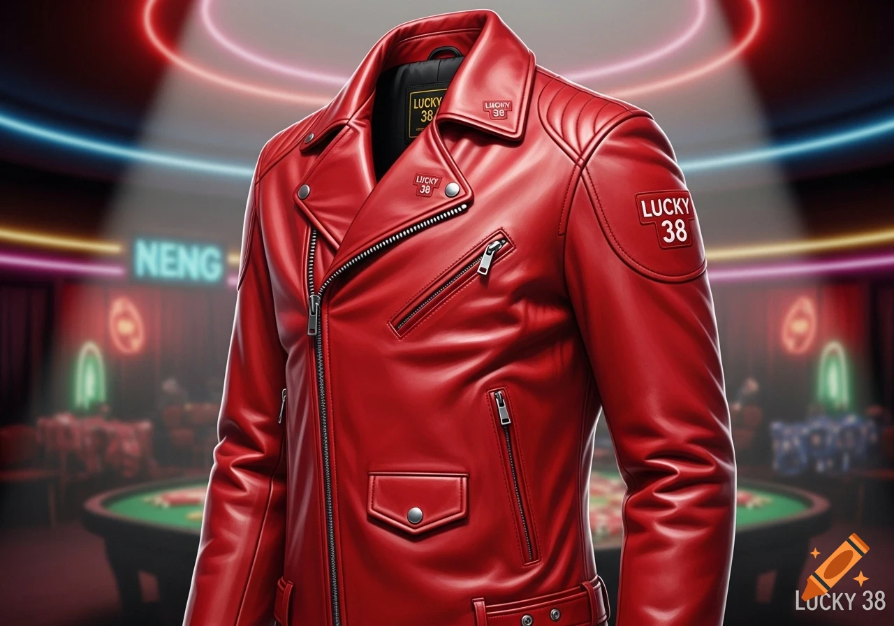 A close-up of a glossy red leather biker jacket with "LUCKY 38" patches, set against a blurred neon-lit casino background with poker tables.