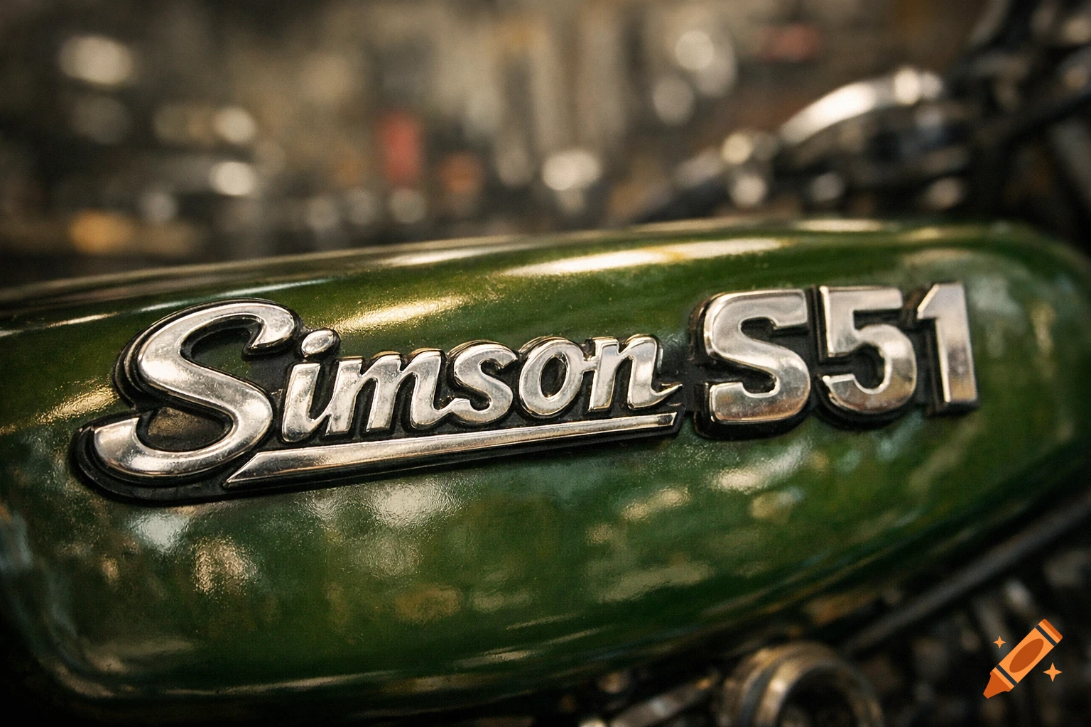 Chrome 'Simson S51' emblem on a green vintage motorcycle fuel tank, photorealistic.