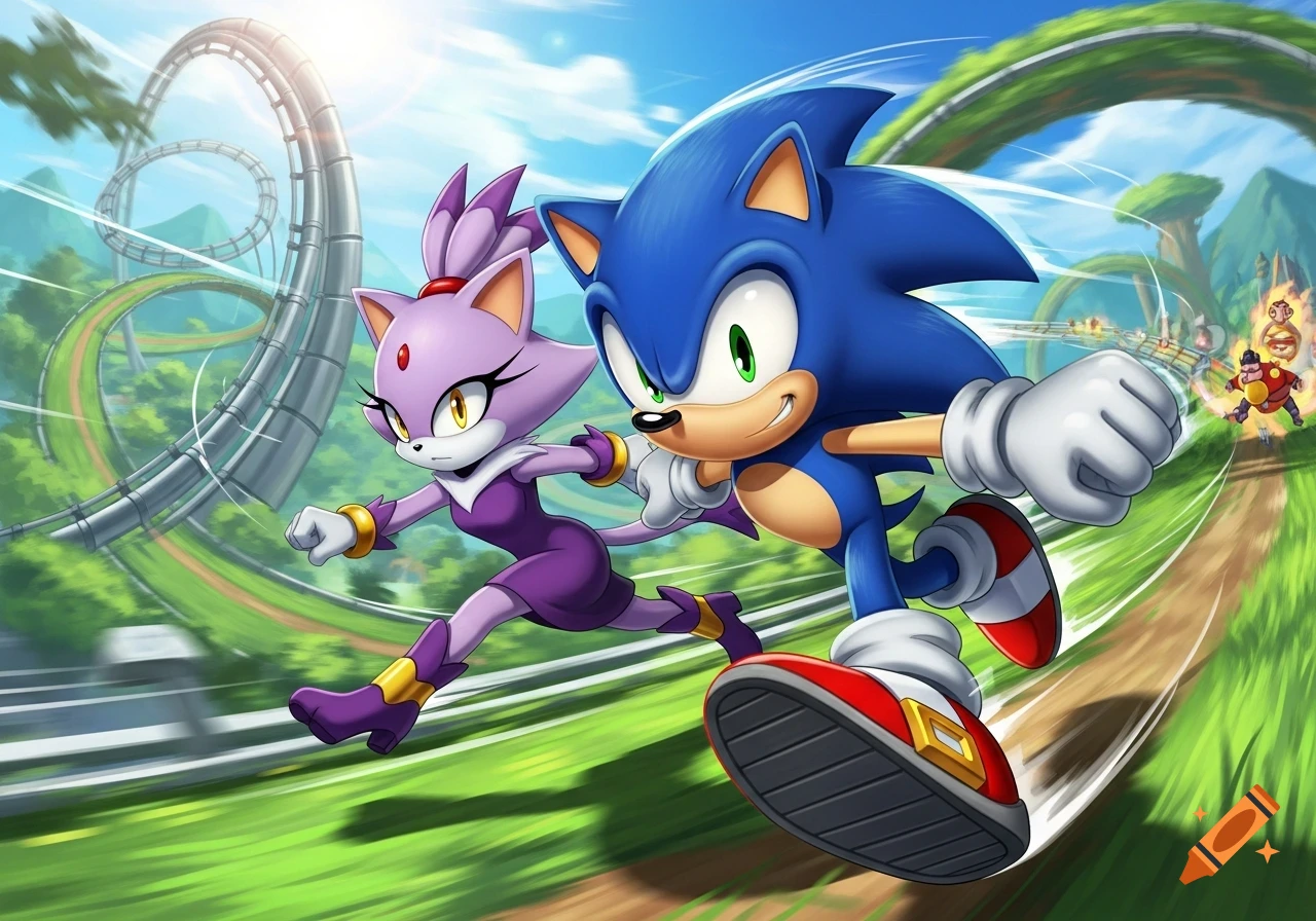 Sonic and Blaze running on a green race track with roller coaster loops, Dr. Eggman in the background, animated style.
