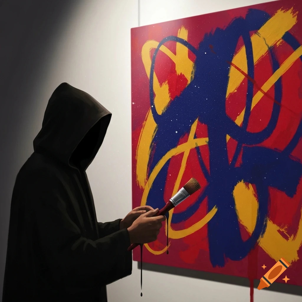 A cloaked figure in a black hoodie holds a paintbrush in front of a large, vibrant abstract painting with red, yellow, and blue strokes.