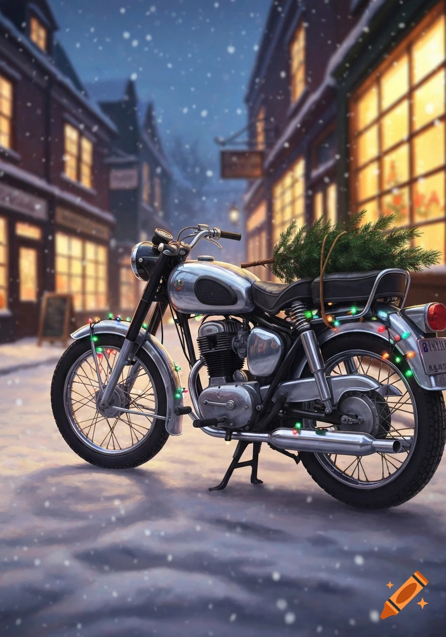 A vintage-style motorcycle, adorned with colorful Christmas lights, carries a small Christmas tree on its back, parked on a snowy street at night with warm-lit buildings in the background.