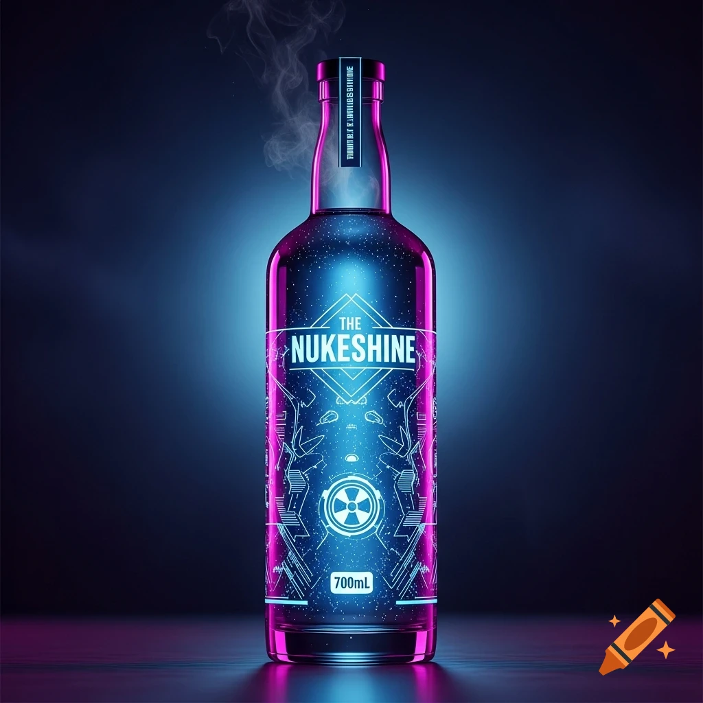 A glowing glass bottle of "The Nukeshine" alcoholic beverage, with blue and magenta neon lights and a radiation symbol, against a dark background.