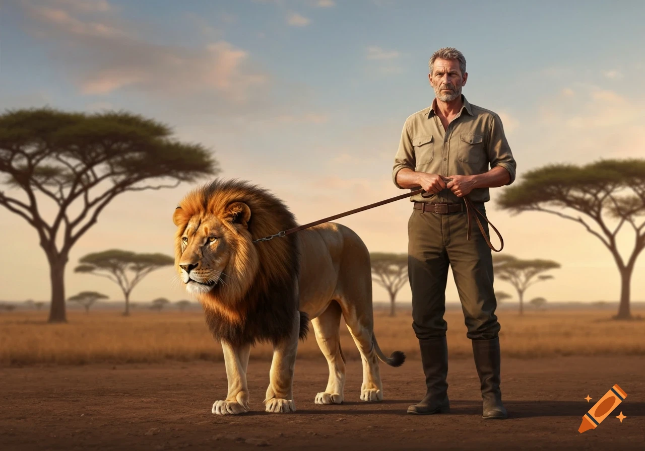 A photorealistic image of a man holding a leash attached to a large lion, walking across a savanna at sunset.