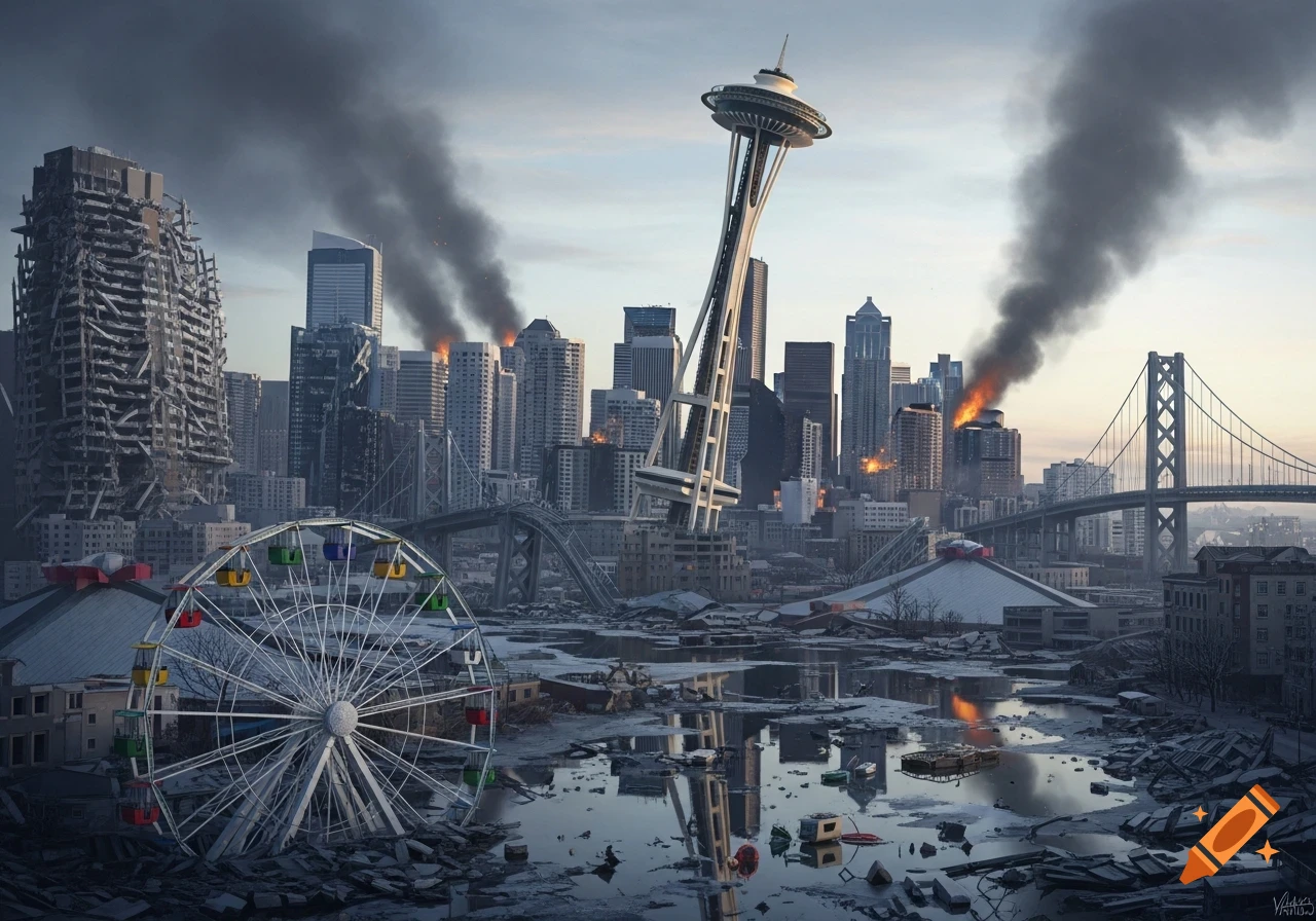 Photorealistic image of a devastated Seattle cityscape after an earthquake, featuring destroyed buildings, fires, a leaning Space Needle, and debris.