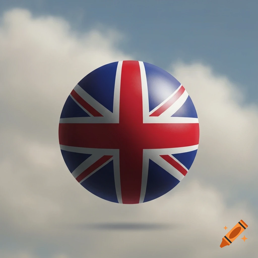 A 3D sphere patterned with the United Kingdom's Union Jack flag, floating against a cloudy sky.