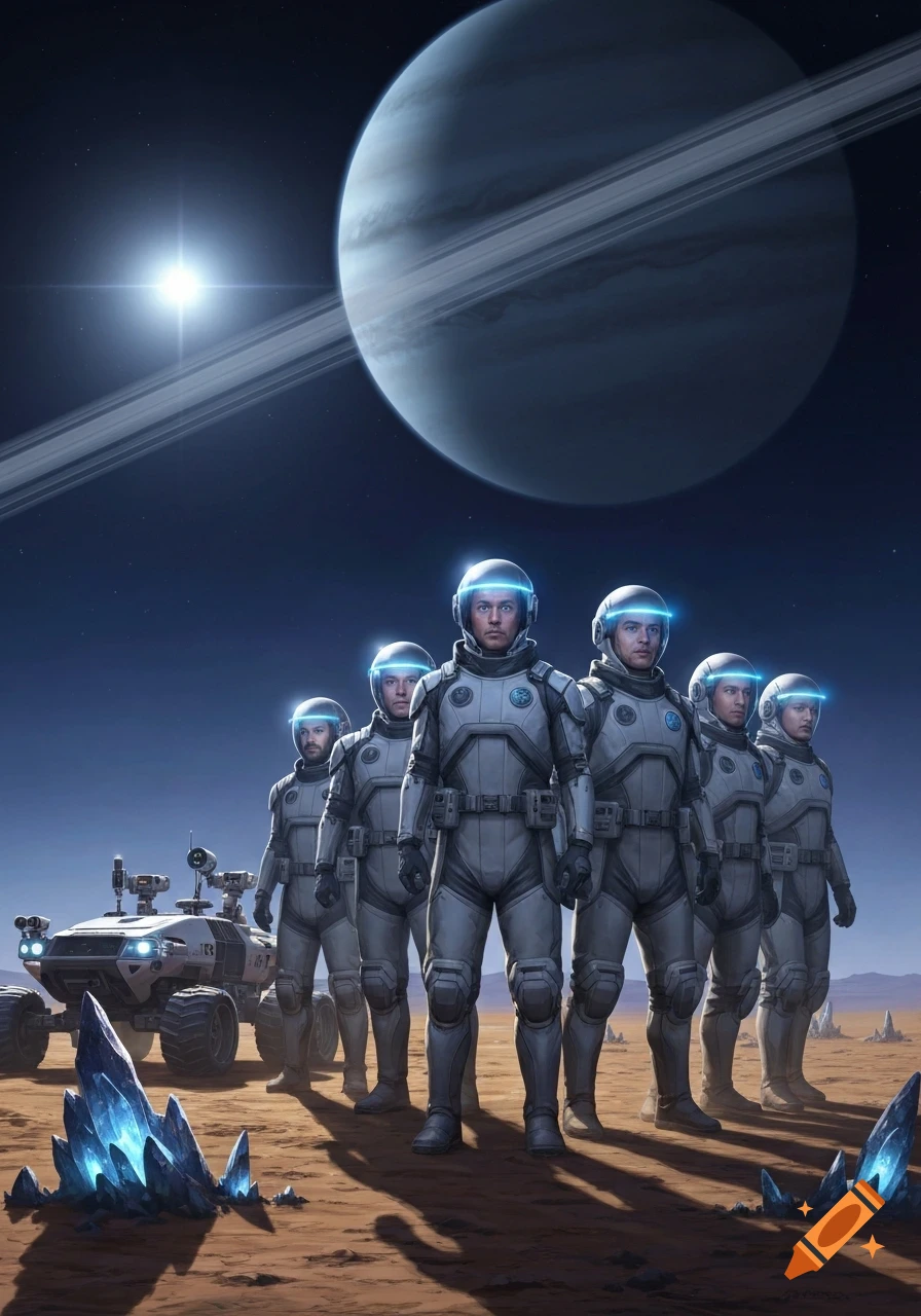 A team of astronauts in white suits stands on a barren alien planet with blue crystals, a rover, and a large ringed planet in the sky.