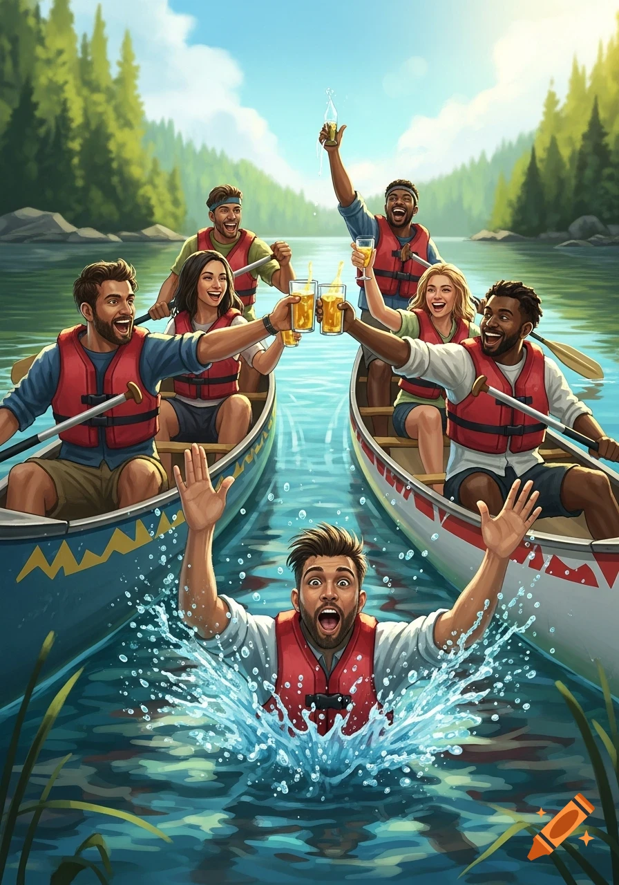 Friends in two canoes on a river cheer with drinks as one friend falls into the water, splashing. Illustrated style.