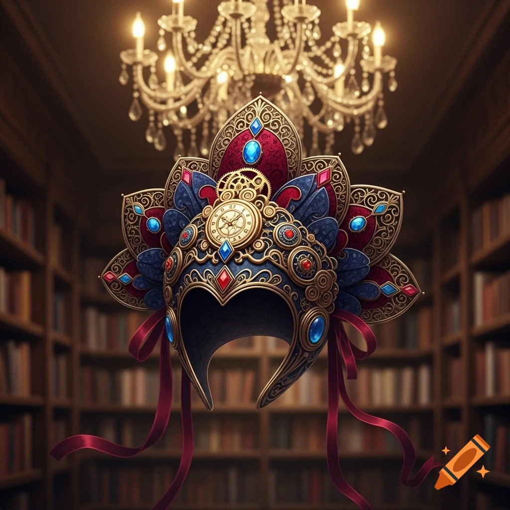 An ornate, blue and red jeweled headpiece with gold gears and a clock face, in a dimly lit library beneath a crystal chandelier.
