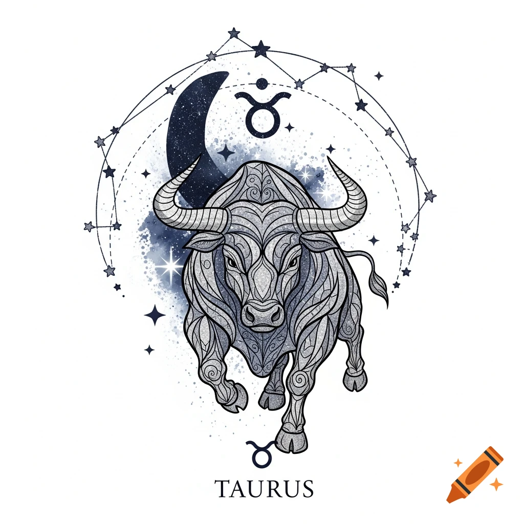 Stylized illustration of a Taurus bull, with a crescent moon, stars, and the Taurus zodiac symbol, with the word 'TAURUS' below.