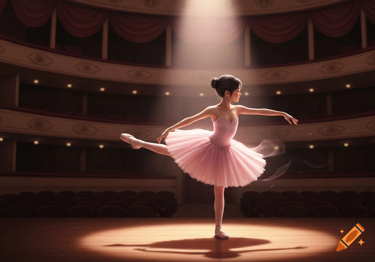 A young ballerina in a pink tutu performs an elegant pose under a spotlight on a grand theater stage.