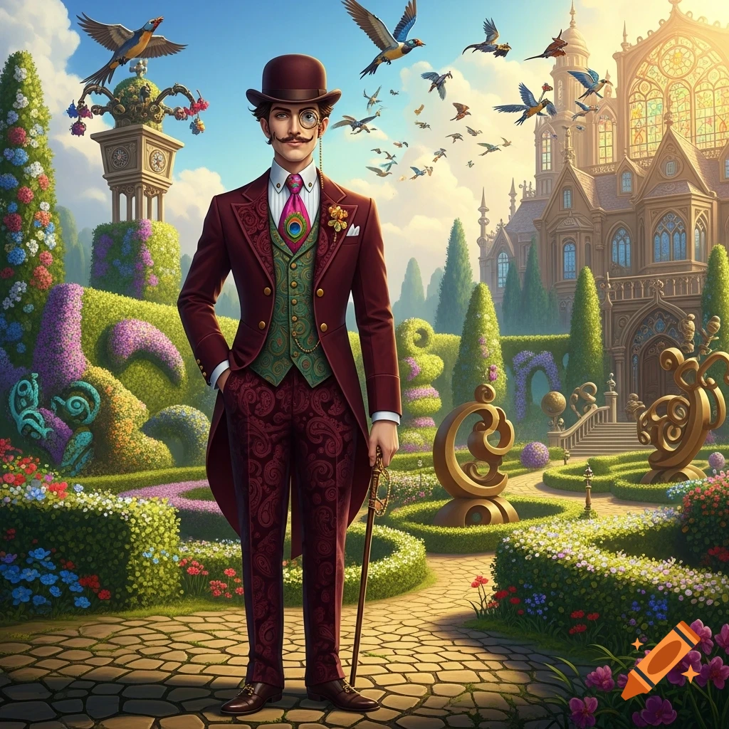 A dandy man in a maroon suit and monocle stands in a vibrant, fantastical garden with a grand mansion and flying birds.