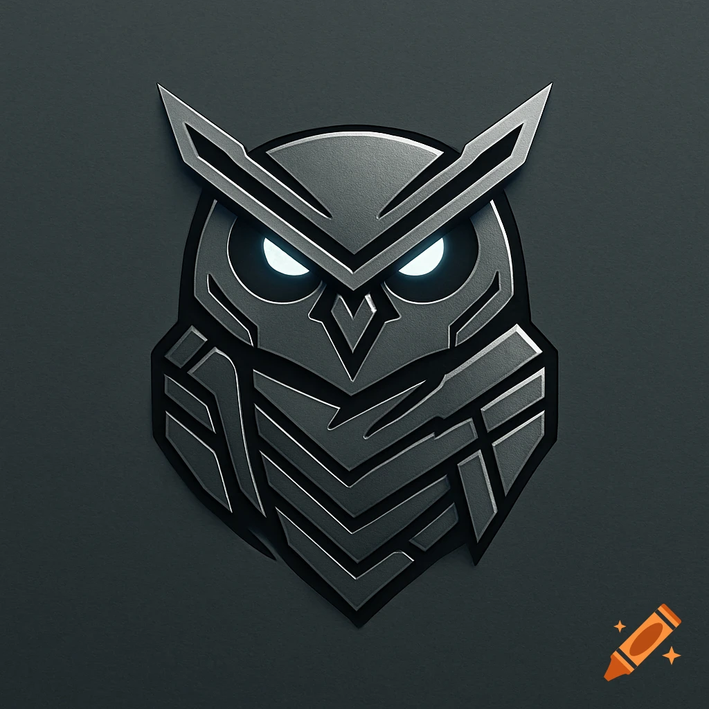 A minimalistic, metallic cybernetic owl head logo with glowing white eyes on a dark background.