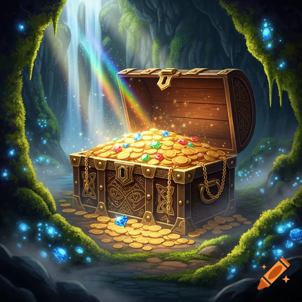 A glowing wooden treasure chest filled with gold coins and colorful gems sits in a magical mossy cave with a rainbow waterfall.