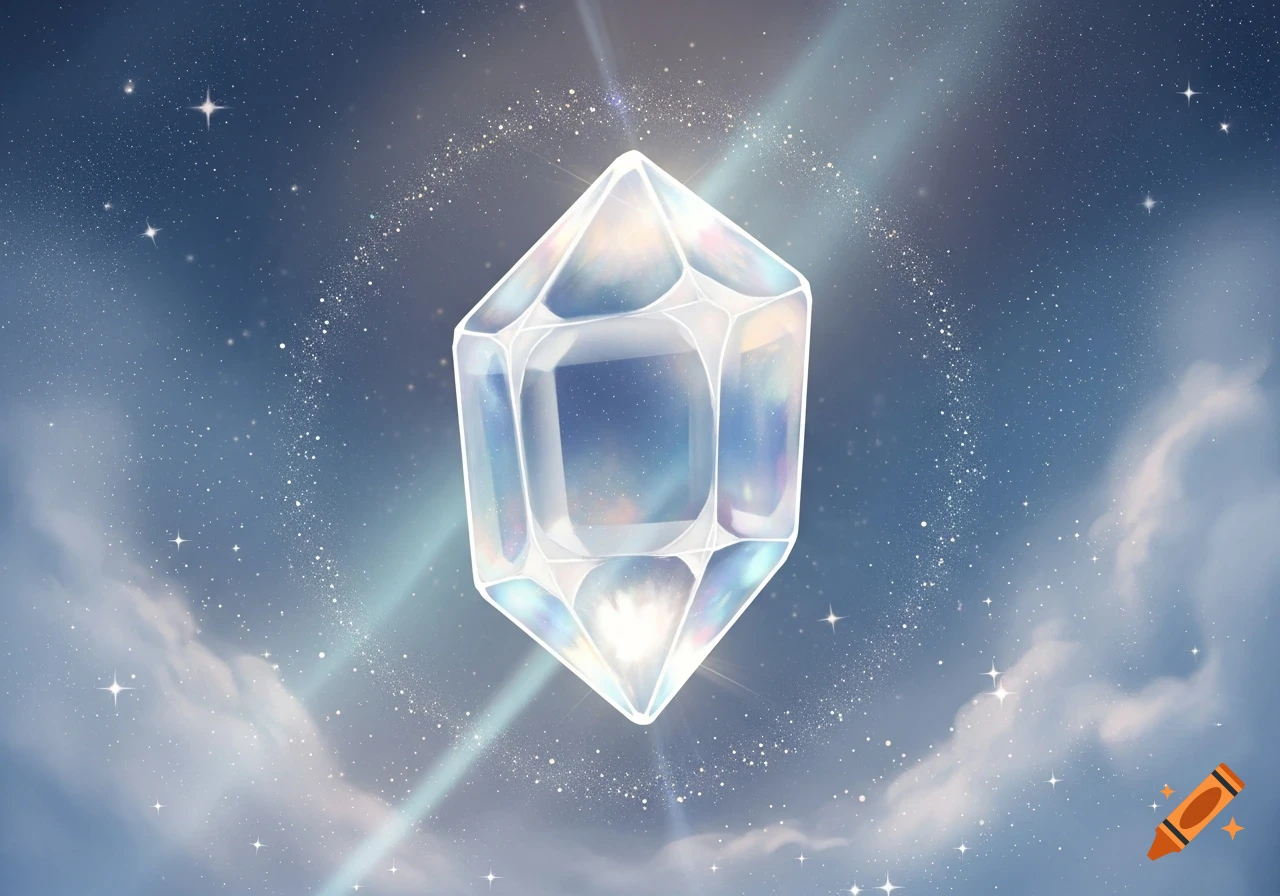 Glowing, iridescent faceted crystal floating in a star-filled night sky with wispy clouds and radiant light rays.