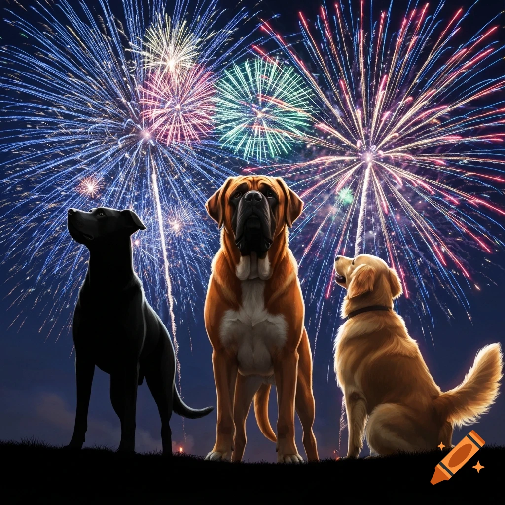 Three dogs, a black dog, a Mastiff, and a Golden Retriever, stand silhouetted against a night sky lit by colorful fireworks.