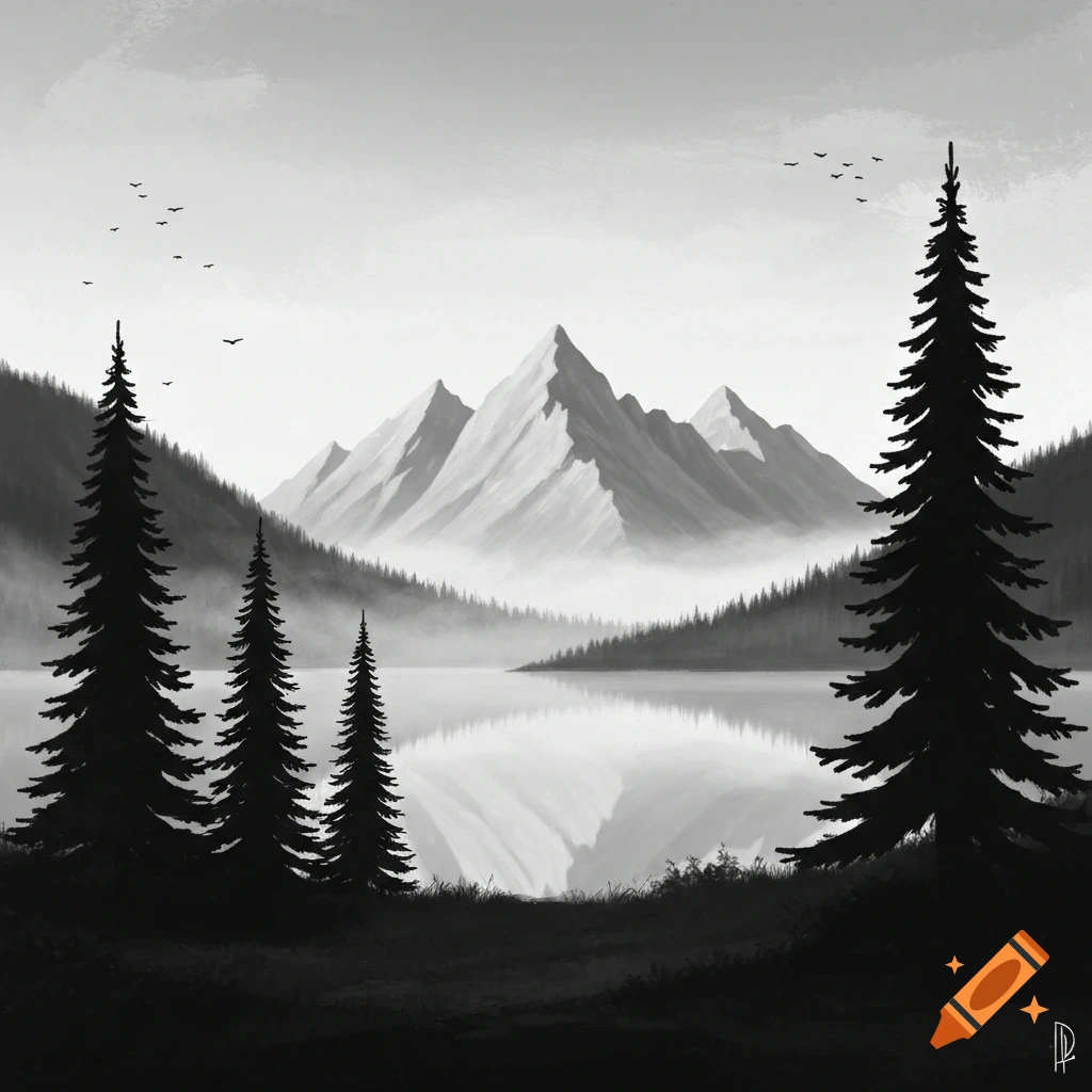 A monochrome painting of a harmonious landscape with tall pine trees, a lake, and majestic mountains.