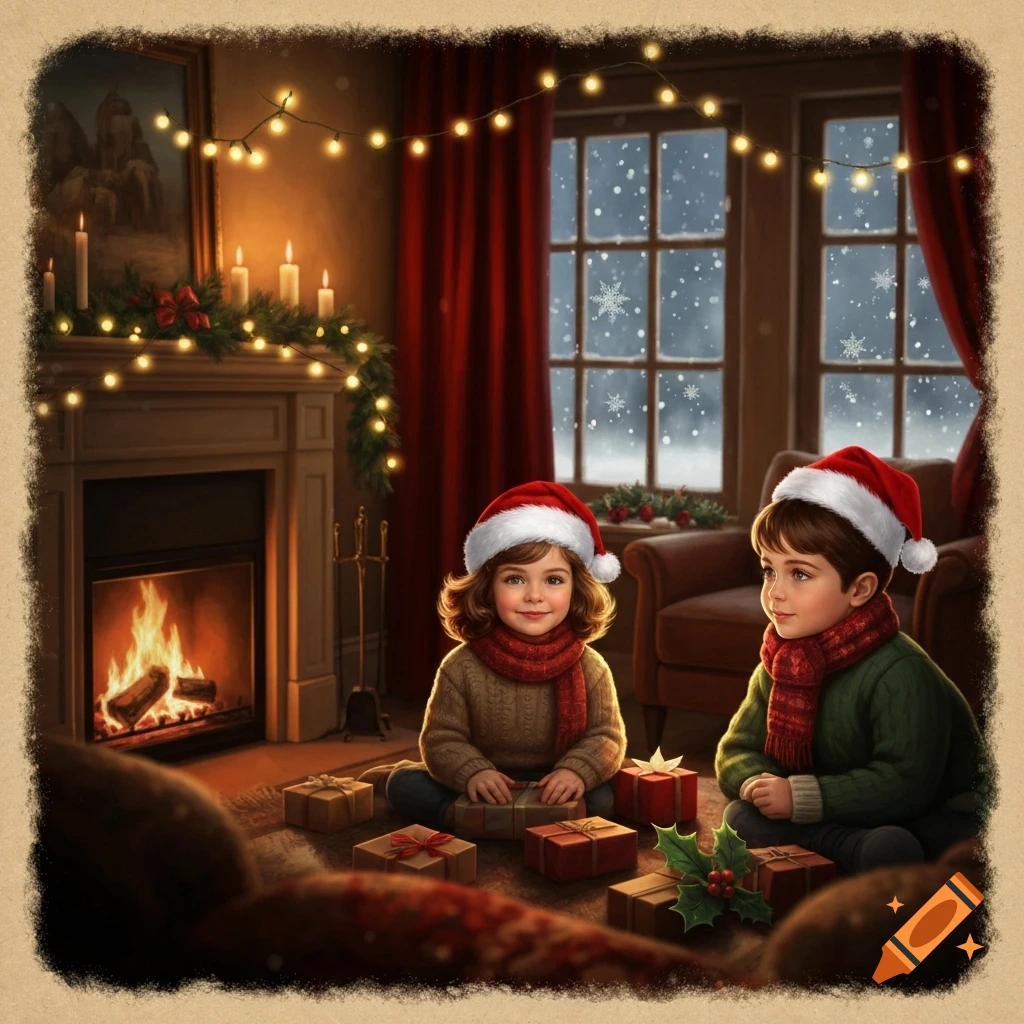 Two children in Santa hats sit on a rug with presents in a cozy, festive living room with a fireplace and snowy window.