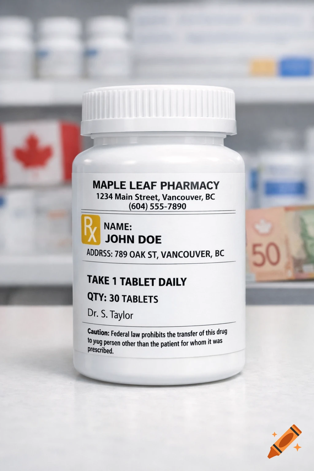 A close-up, photorealistic shot of a white prescription bottle with a detailed label on a counter in a pharmacy, with a Canadian flag and a 50 dollar bill blurred in the background.