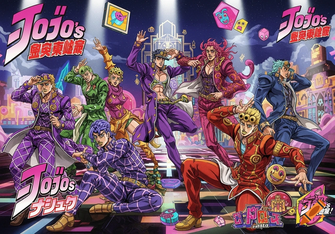 Dynamic illustration of JoJo's Bizarre Adventure characters in colorful outfits striking poses on a stylized stage.