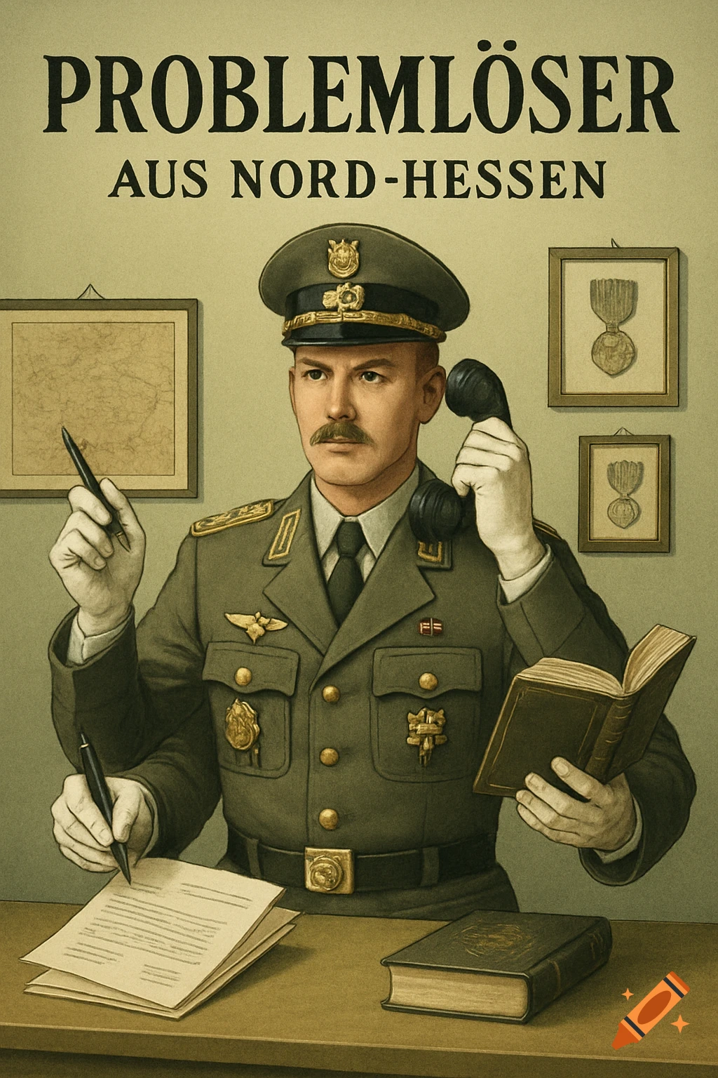 Vintage poster of a four-armed German military officer holding a pen, papers, book, and phone, with text "PROBLEMLÖSER AUS NORD-HESSEN".
