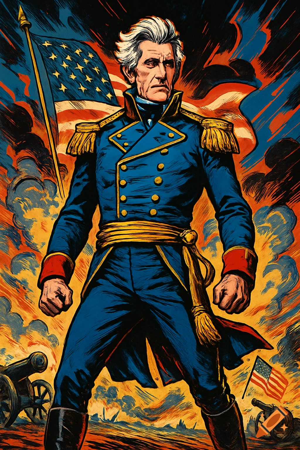 Vibrant comic book art of Andrew Jackson in a blue military uniform, standing resolutely with an American flag and cannons behind him.
