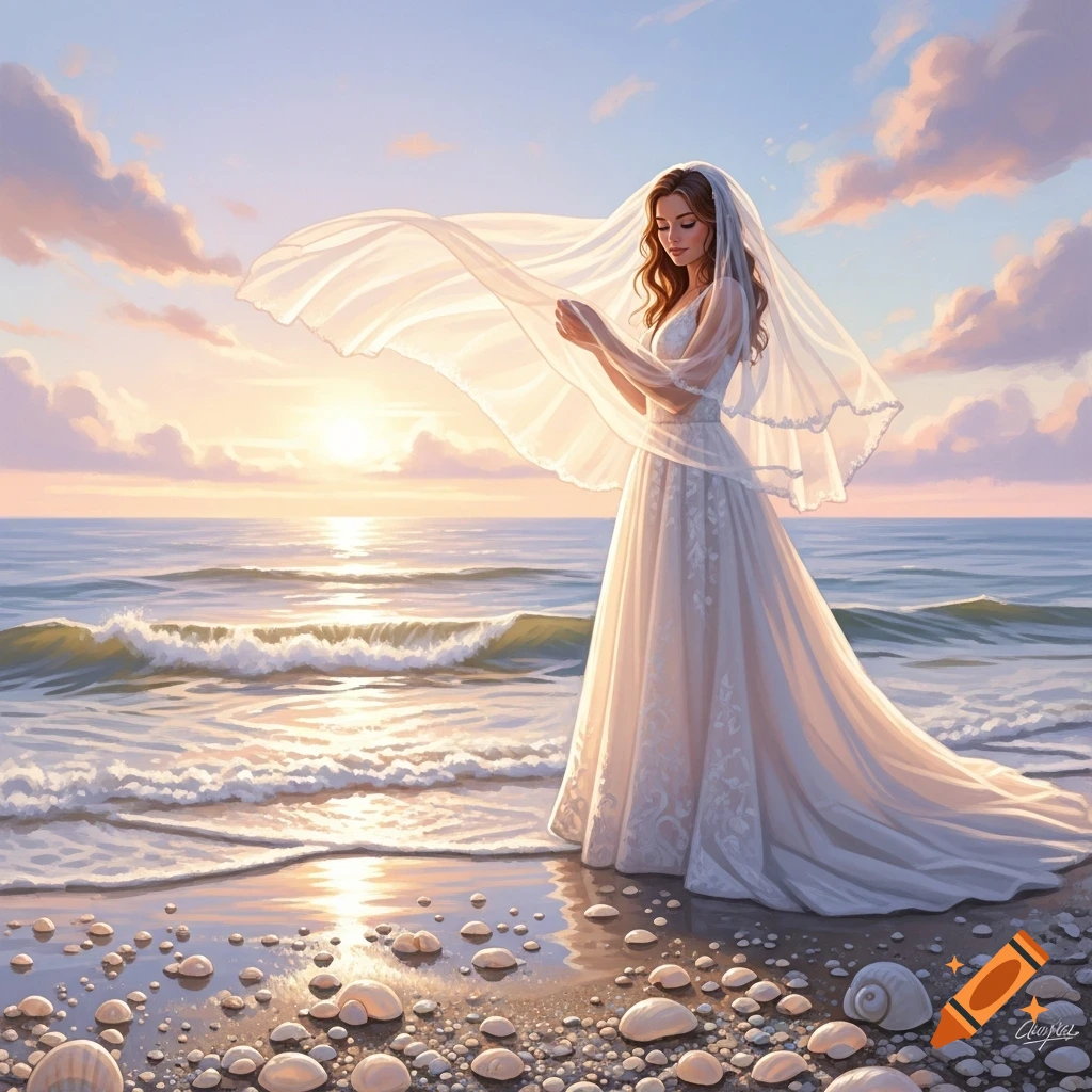 A beautiful bride in a flowing white dress and veil stands on a shell-covered beach at sunset, with ocean waves and a vibrant sky.