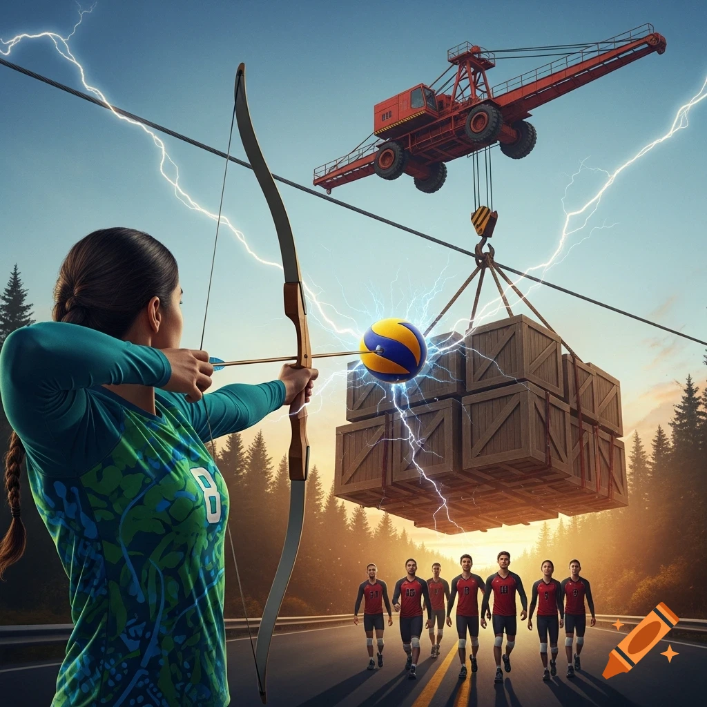 A woman archer aims at a volleyball impaled on an arrow, facing a crane lifting crates, with lightning and a group of male players on a road.