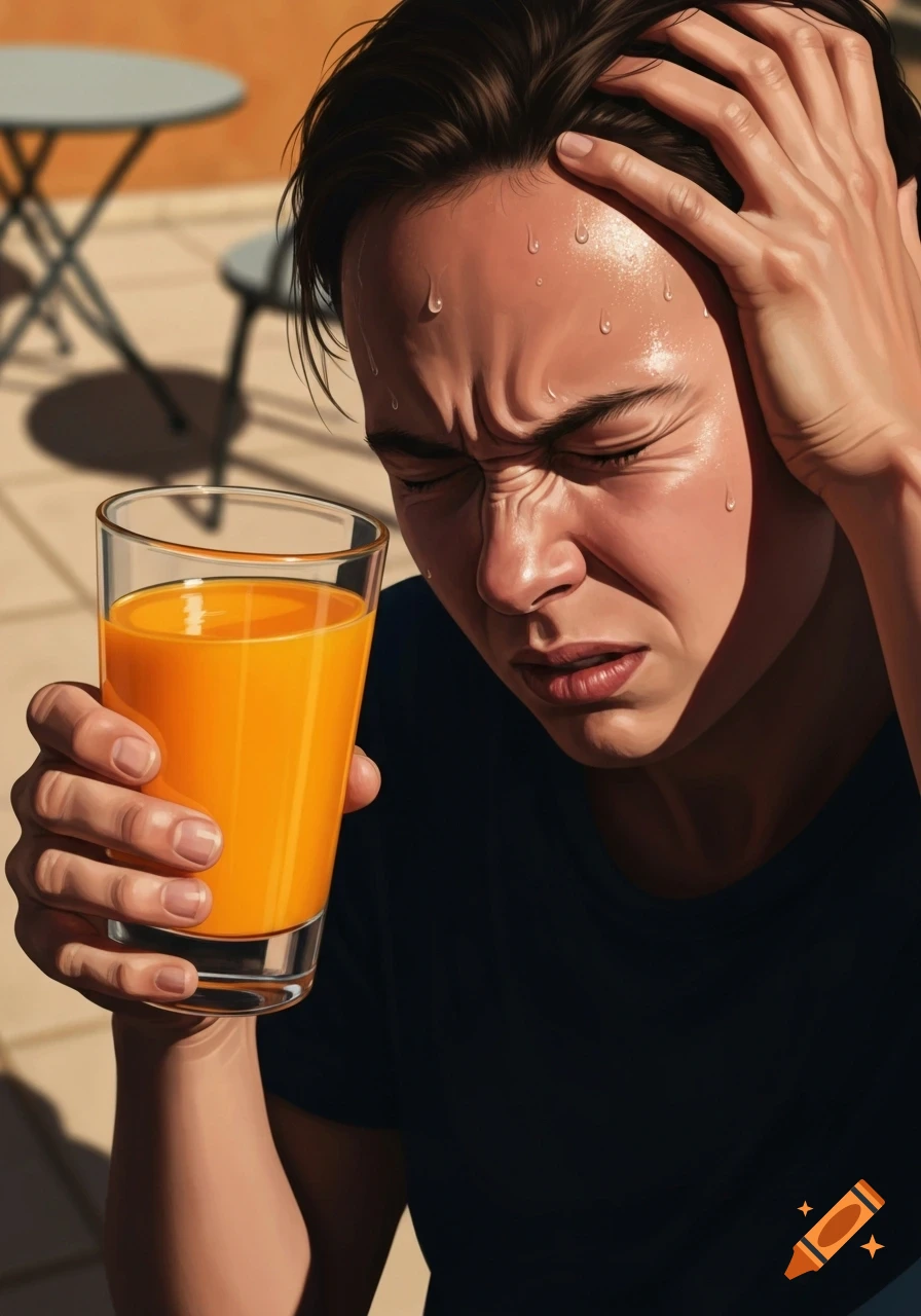 A sweaty, distressed person grimaces while holding a glass of orange juice, with one hand on their head, in a photorealistic style.