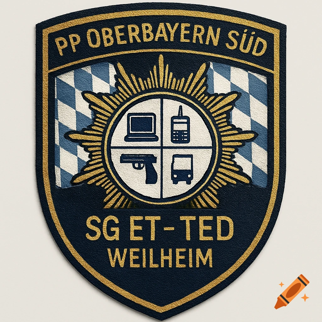 A shield-shaped police patch in dark blue, gold, and white. It features text "PP OBERBAYERN SÜD" and "SG ET - TED WEILHEIM", with a central circle containing icons for a laptop, police radio, pistol, and bus, set against a Bavarian diamond pattern.