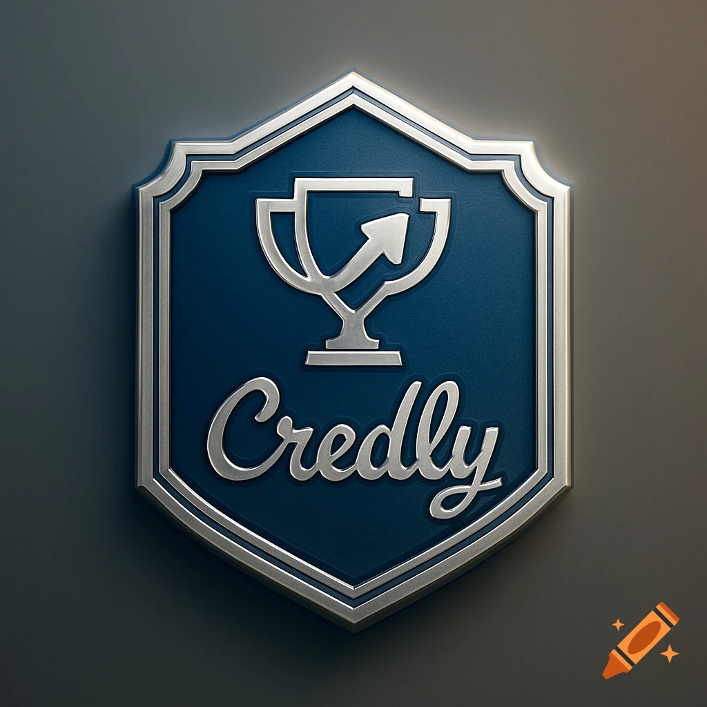 A 3D silver and blue shield-shaped badge with the word 'Credly' and a trophy with an upward arrow.