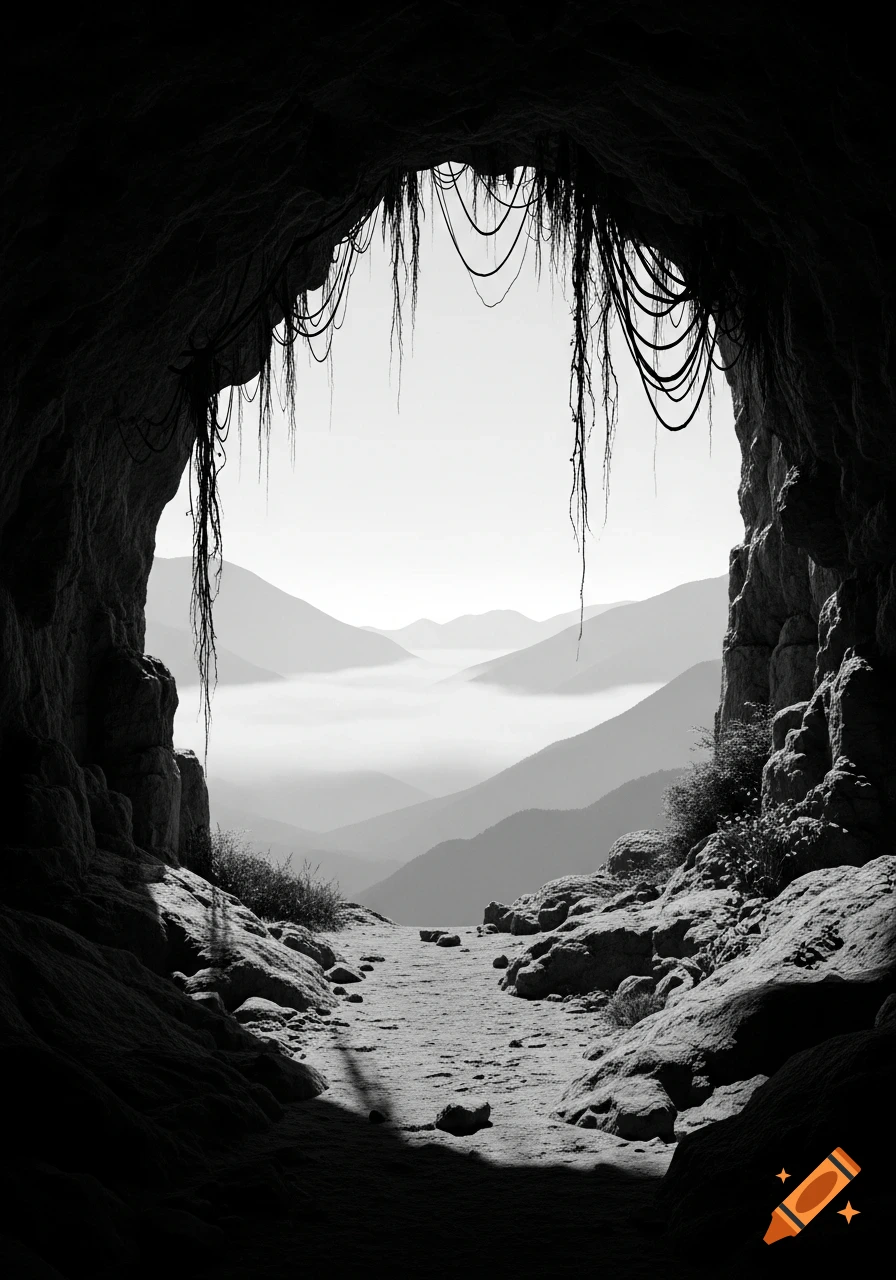 A black and white view from inside a dark cave, looking out at a misty mountain landscape with a path leading to the light.