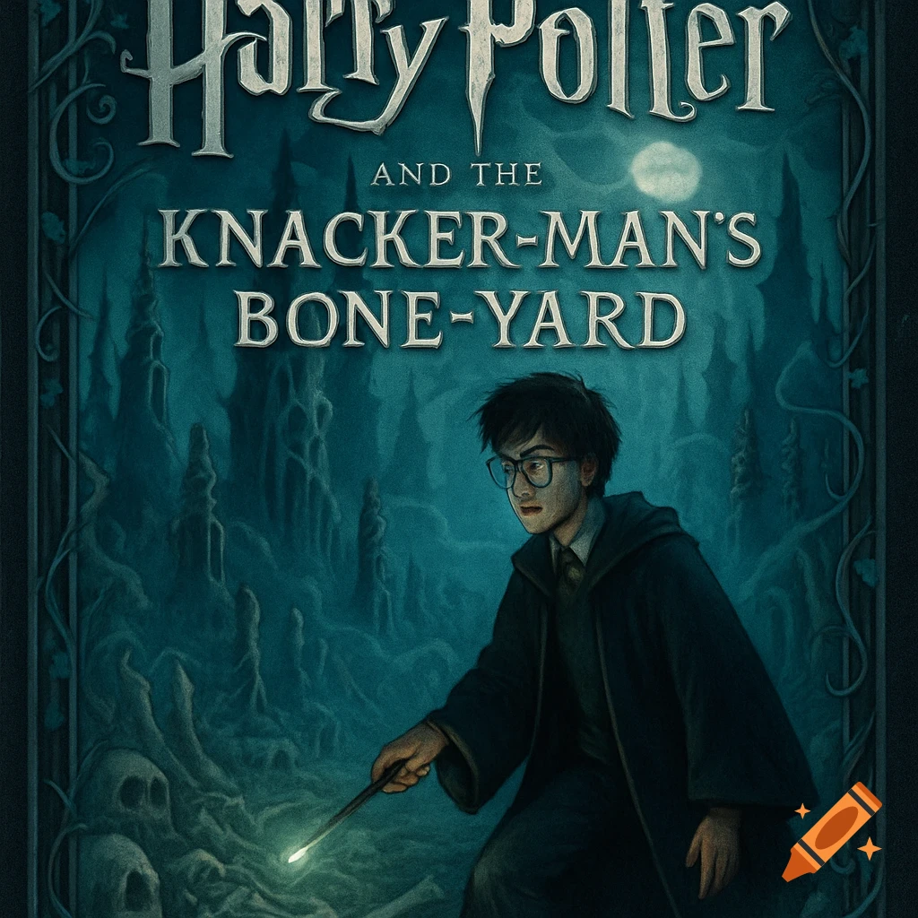A dark fantasy book cover for "Harry Potter and the Knacker-Man's Bone-Yard," featuring Harry Potter in a graveyard with skulls and eerie rock formations.