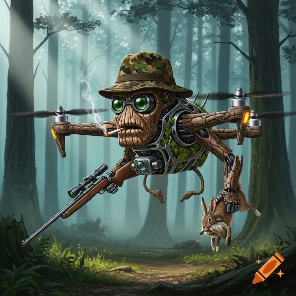 A stylized, tree-like drone in a camouflage hat, smoking a cigarette and holding a rifle, hovers in a forest while carrying a rabbit.