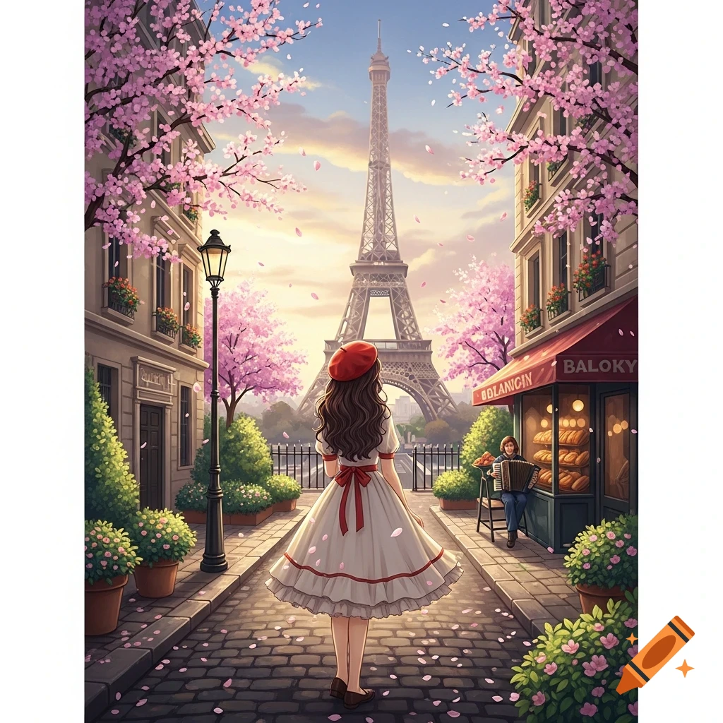 Anime-style girl in a red beret and white dress looks towards the Eiffel Tower on a cherry blossom-lined Parisian street.