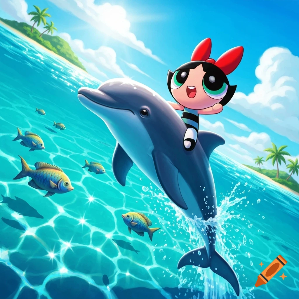 Cartoon Buttercup riding a dolphin in the blue ocean with tropical island and fish.