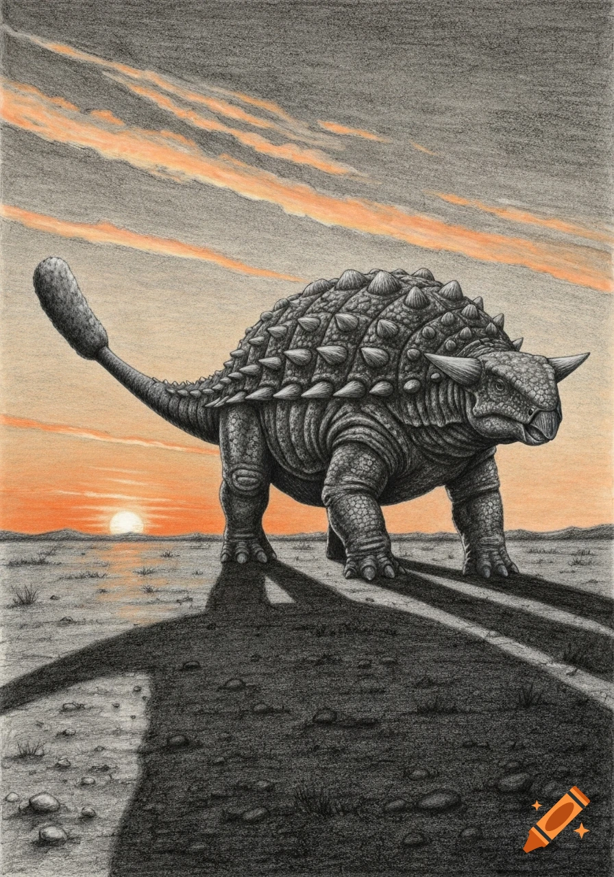 A pencil drawing of an Ankylosaurus dinosaur standing in a barren landscape at sunset, casting long shadows.