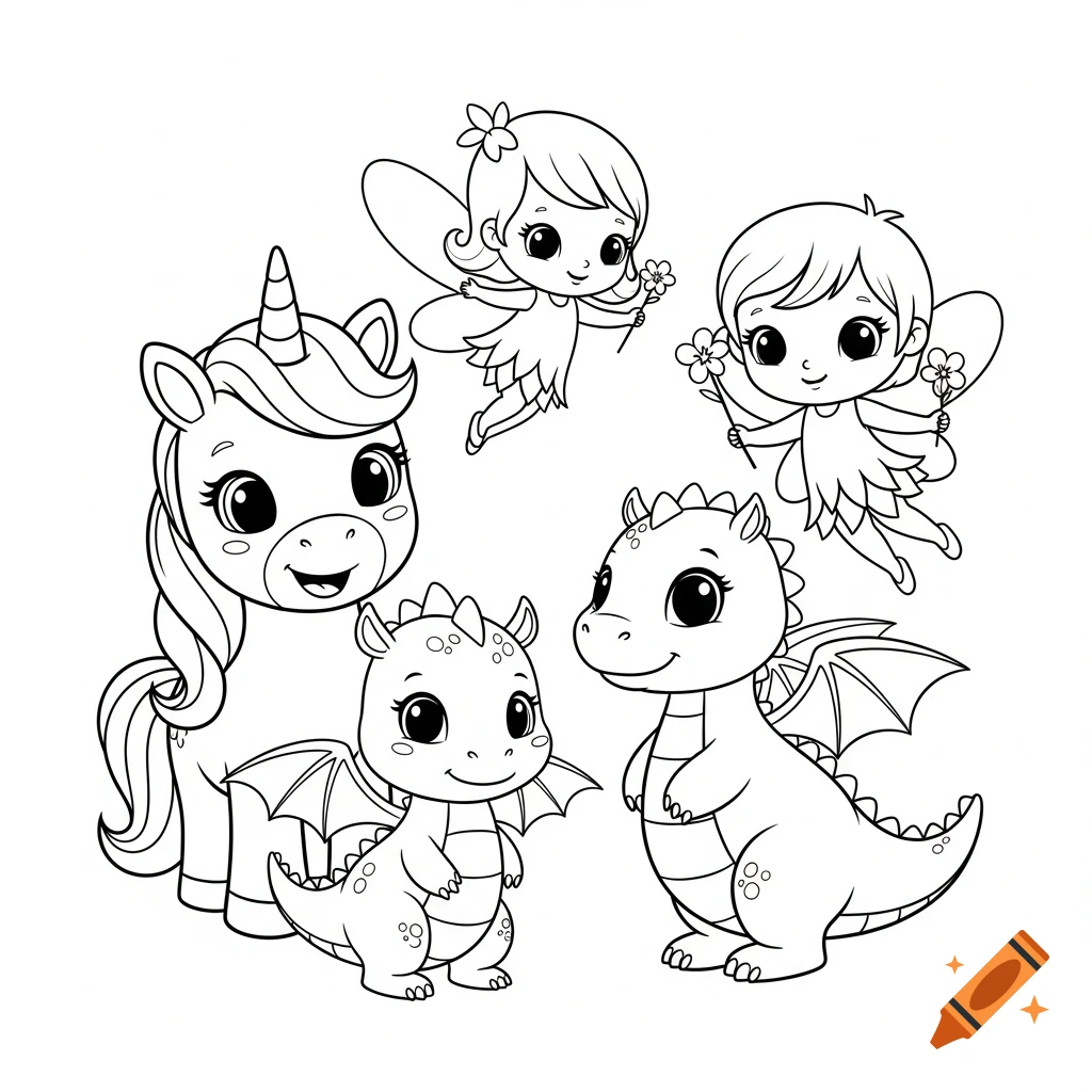 Cute black-and-white outline coloring page featuring a unicorn, two baby dragons, and two fairies with flowers.