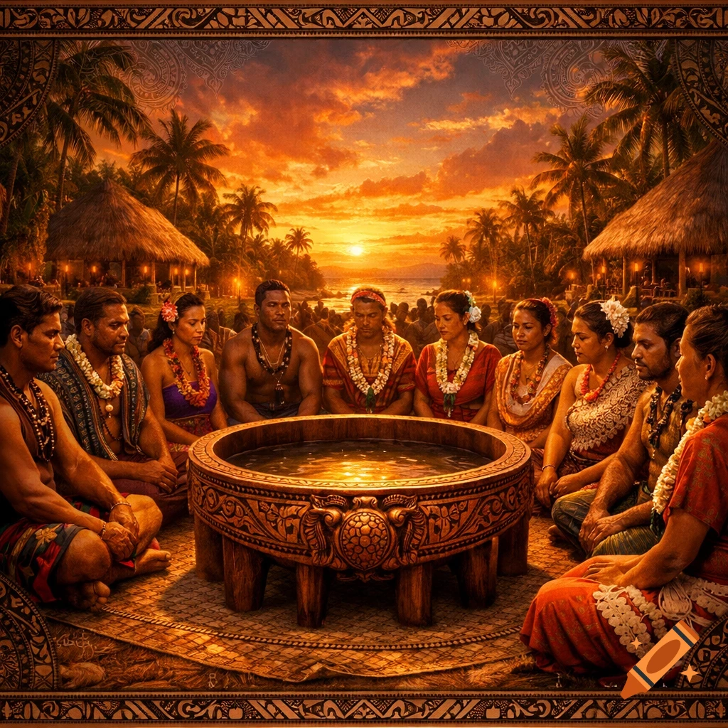 A group of men and women in traditional Samoan attire gather around a carved kava bowl at sunset on a tropical beach.
