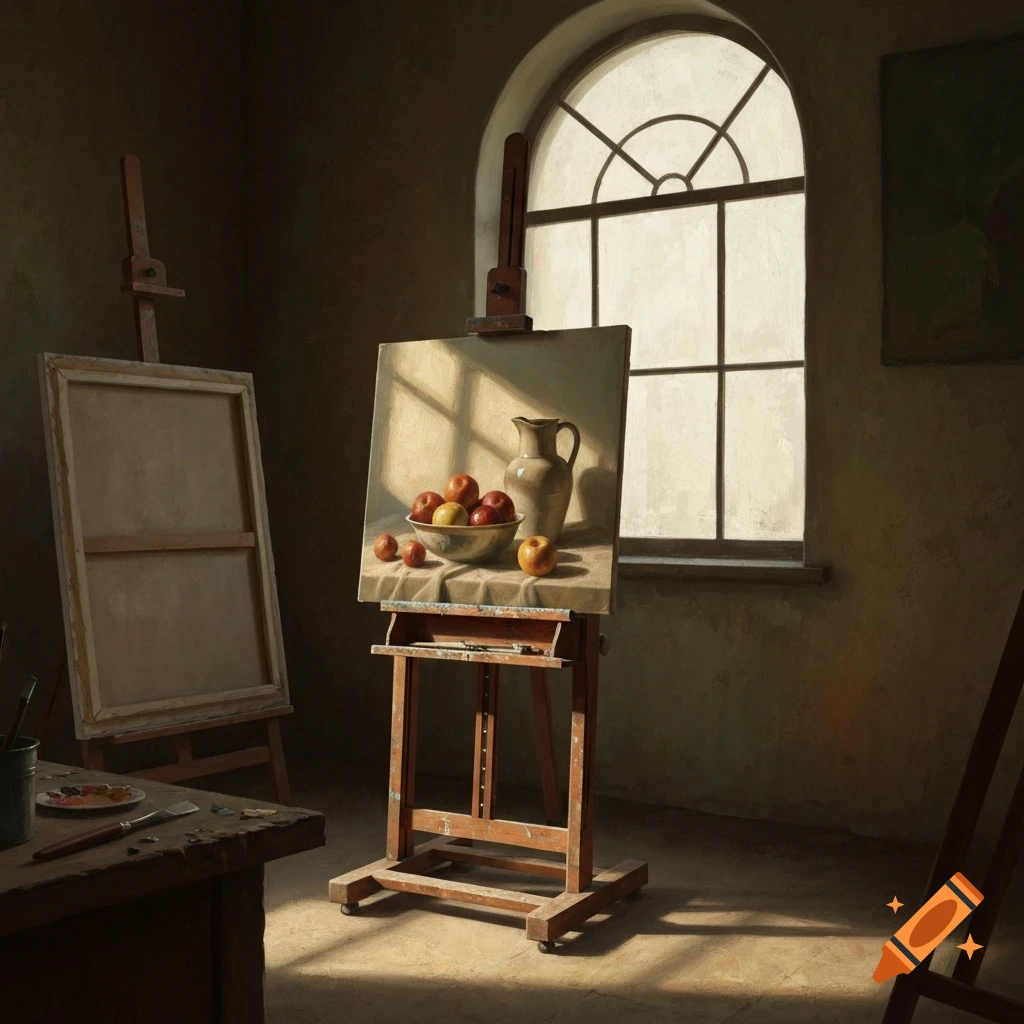 A vintage painting style image of an art studio with an easel holding a still life painting of fruit and a jug, bathed in sunlight from an arched window.