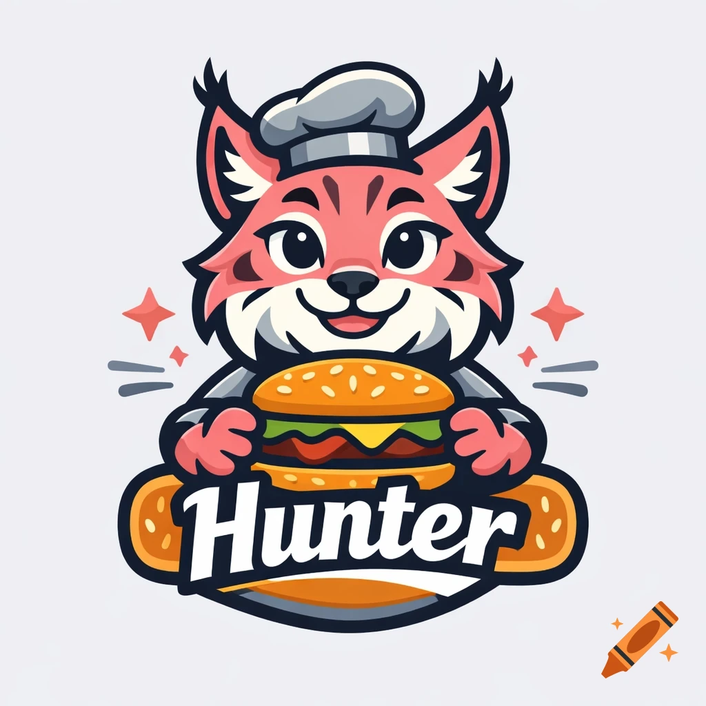 Cartoon pink and grey lynx chef mascot holding a large hamburger with the word "Hunter" below.
