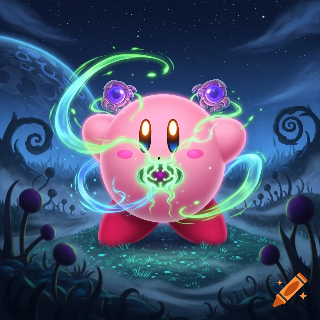 Kirby glows with green energy and alien features in a dark, starry landscape after absorbing a Metroid parasite, digital illustration.