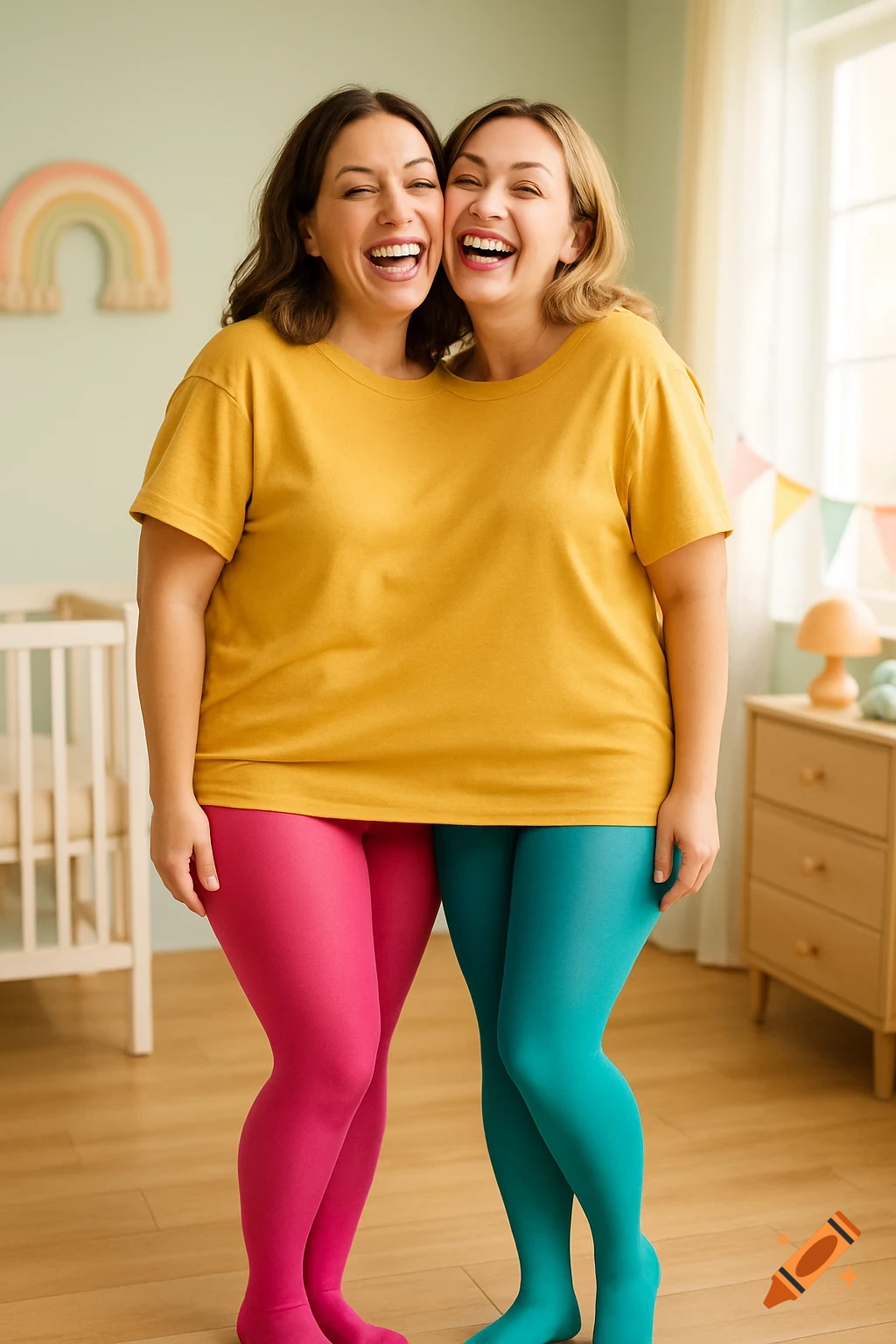 Two laughing women appear to be conjoined, sharing a yellow shirt and colorful tights, standing in a room with a baby crib and rainbow decor.
