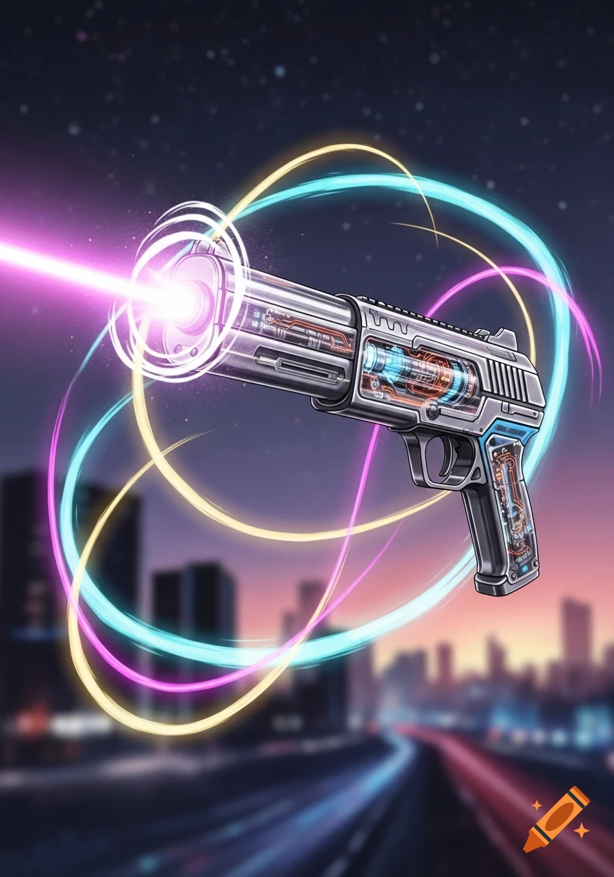 A stylized, transparent futuristic laser gun with internal circuitry glowing against a blurred cyberpunk city night.
