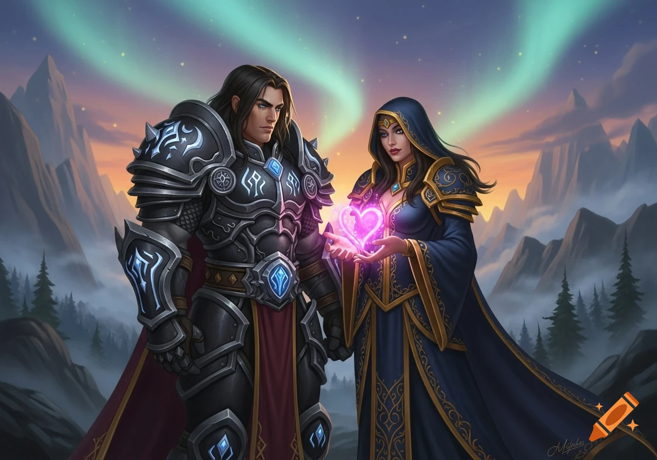A fantasy illustration of a heavily armored man and a robed woman holding a glowing pink heart, against mountains and an aurora.
